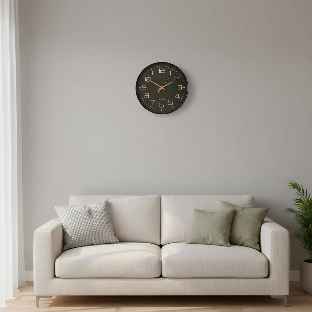 Black Wall Clock with Rose Gold Numerals & hands