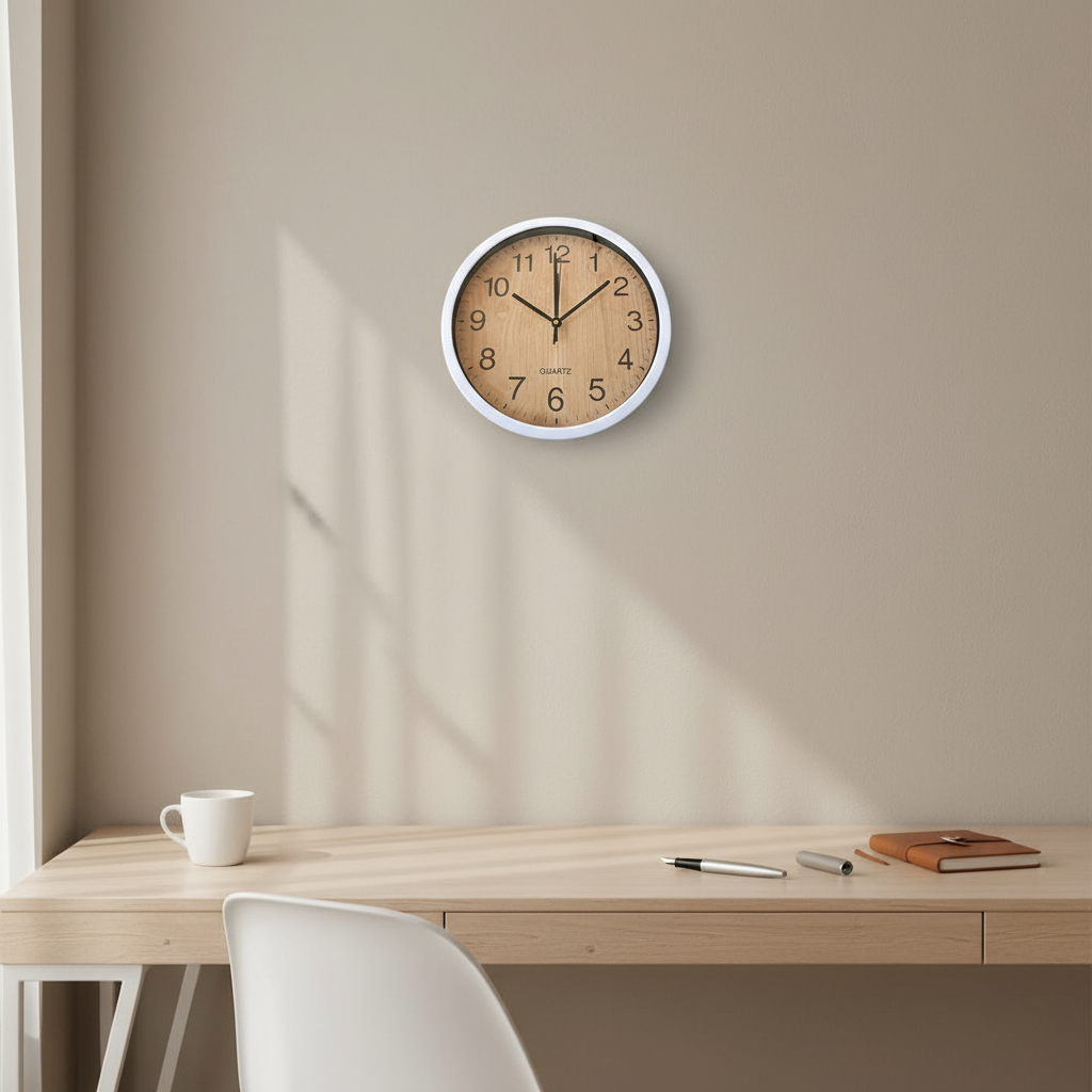 30cm White Wall Clock with Woodgrain Face