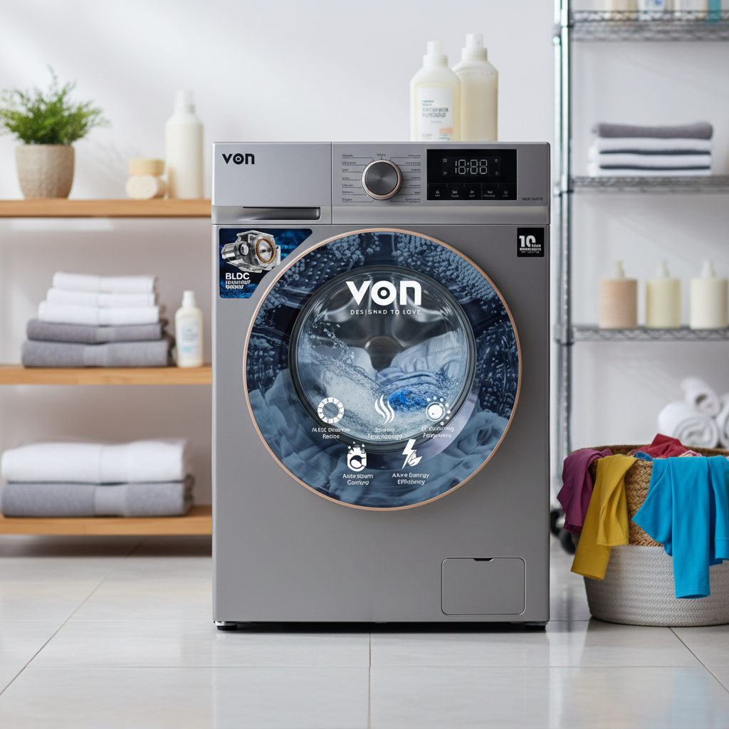Silver Finish Front Load Washing Machine 10KG, 1400RPM BLDC Inverter VWM-10FVTS