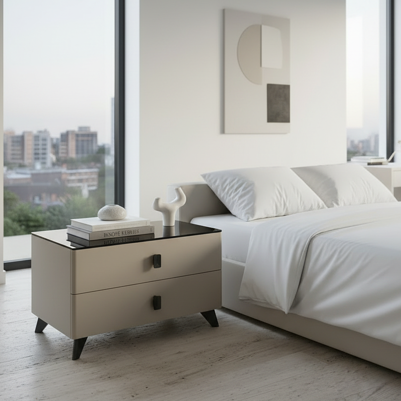 2 Drawer Bedside Nightstand with Dark Top Surface