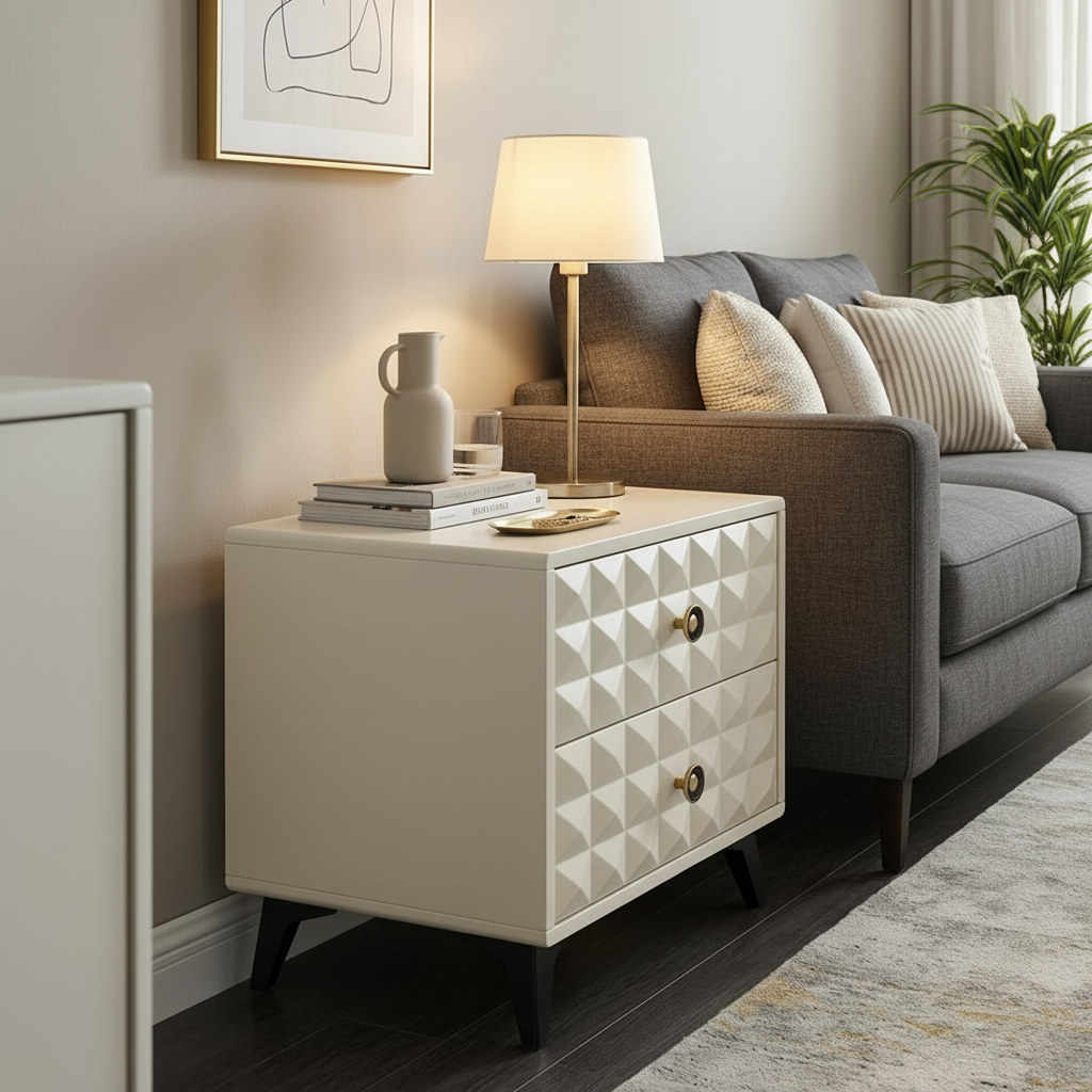 Two Drawer Bedside Nightstand with Fluted Panel Design