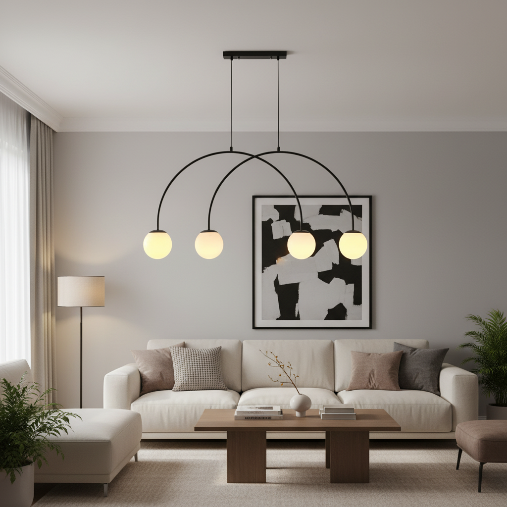 Black Arc Pendant with Four White Shades, PL 1174-04-BK