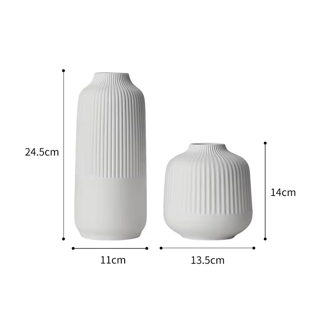 2pc White Ceramic Vases with Ribbed Design
