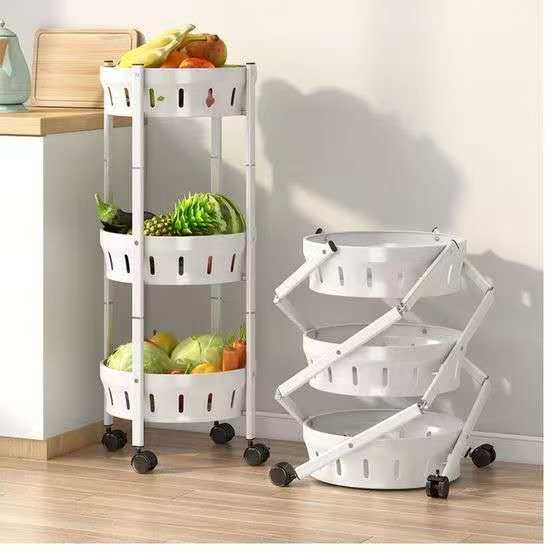 Foldable rotating vegetable and fruit rack with multiple layers and lockable wheels