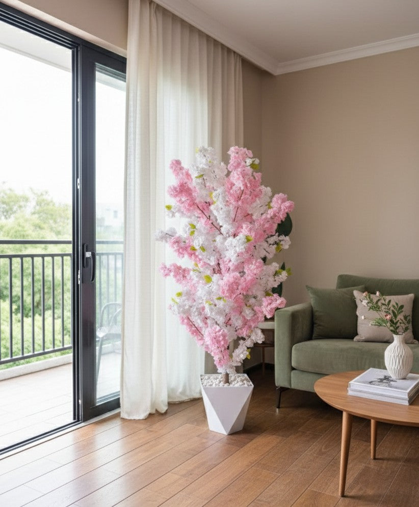 Artificial Cherry Blossom Plant with Vase and Pebbles
