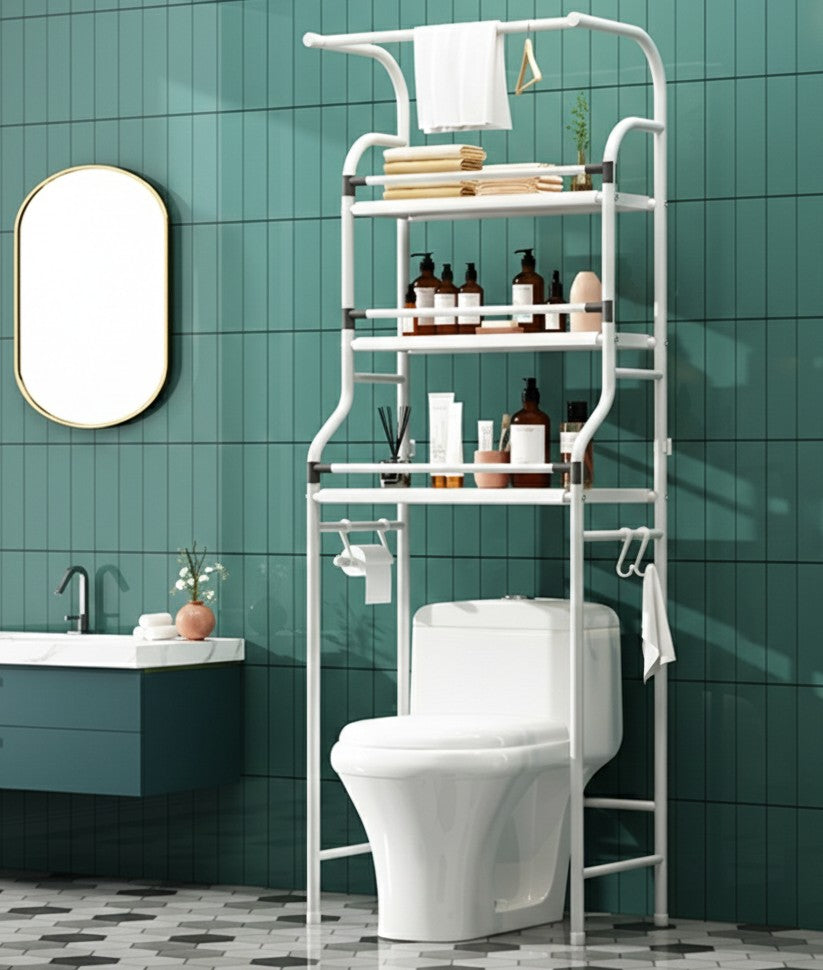 Large over the toilet bathroom storage rack with multiple shelves