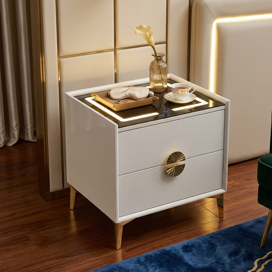 Wooden Bedside Cabinet with LED Light Glass Top Nightstand Black Finish