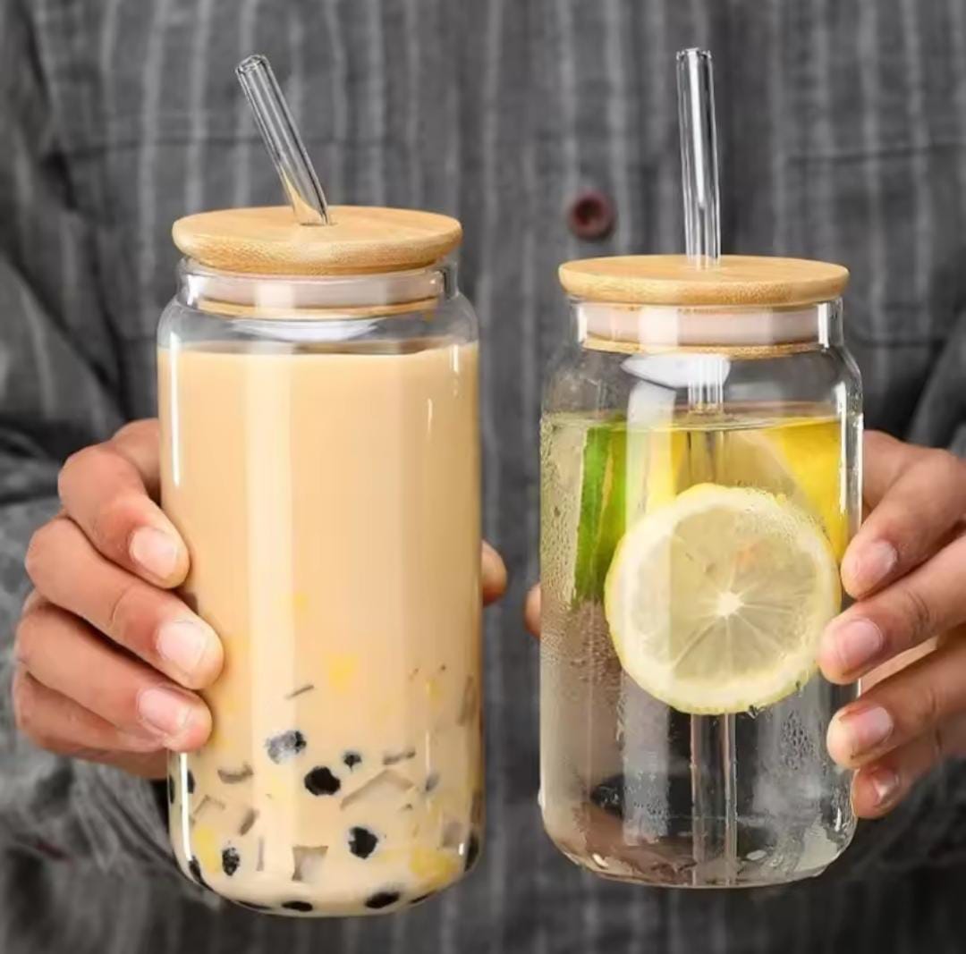 Transparent Glass Cup With Bamboo Holed Lid And Glass Straw