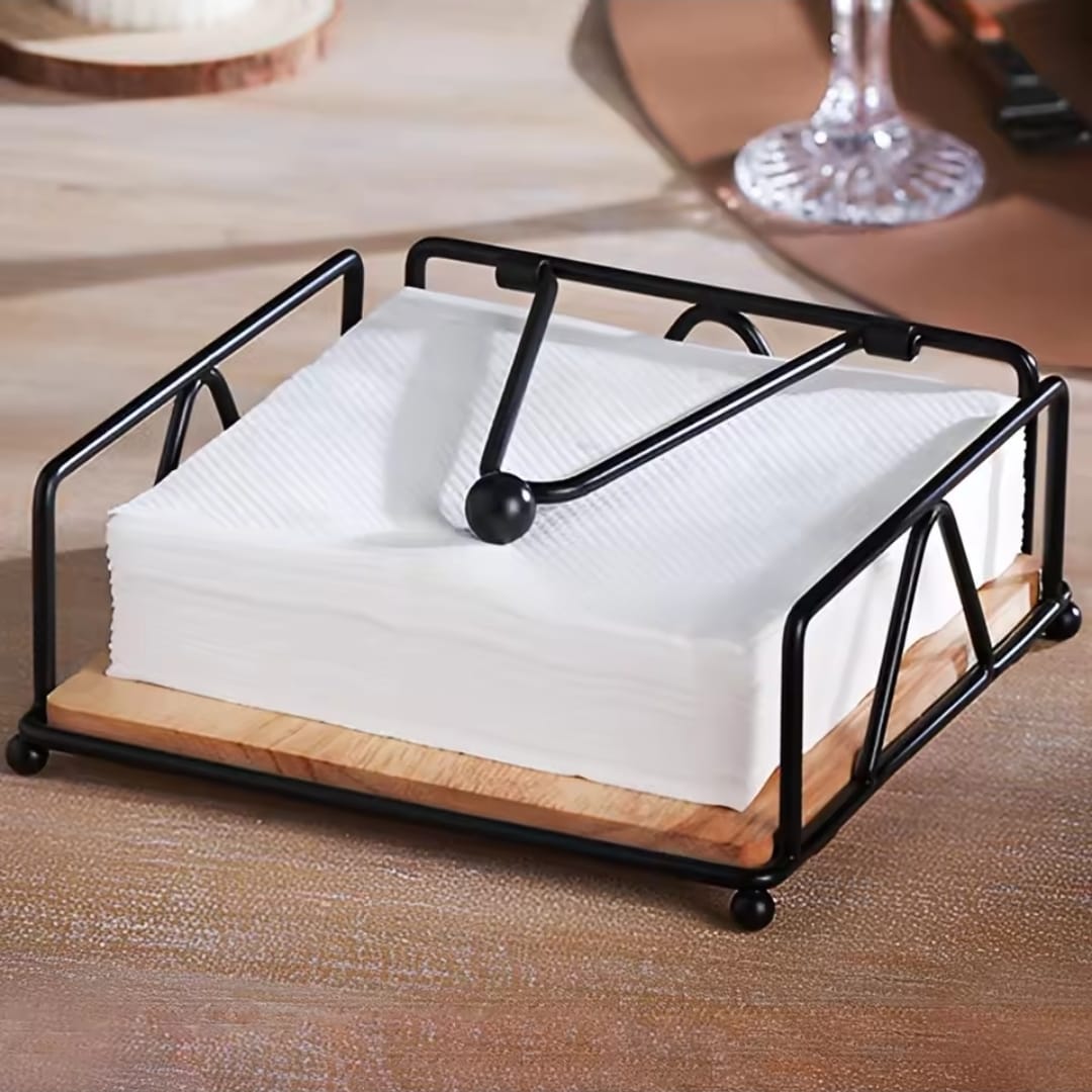 Metallic Serviette Holder With Bamboo Base