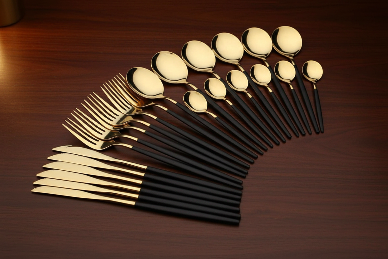 30-Piece Black Slim Stainless Steel Cutlery Set