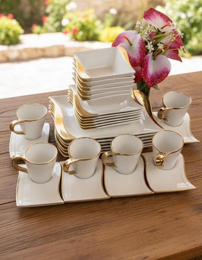 30Pc Ceramic Dinner Set with Gold Deco
