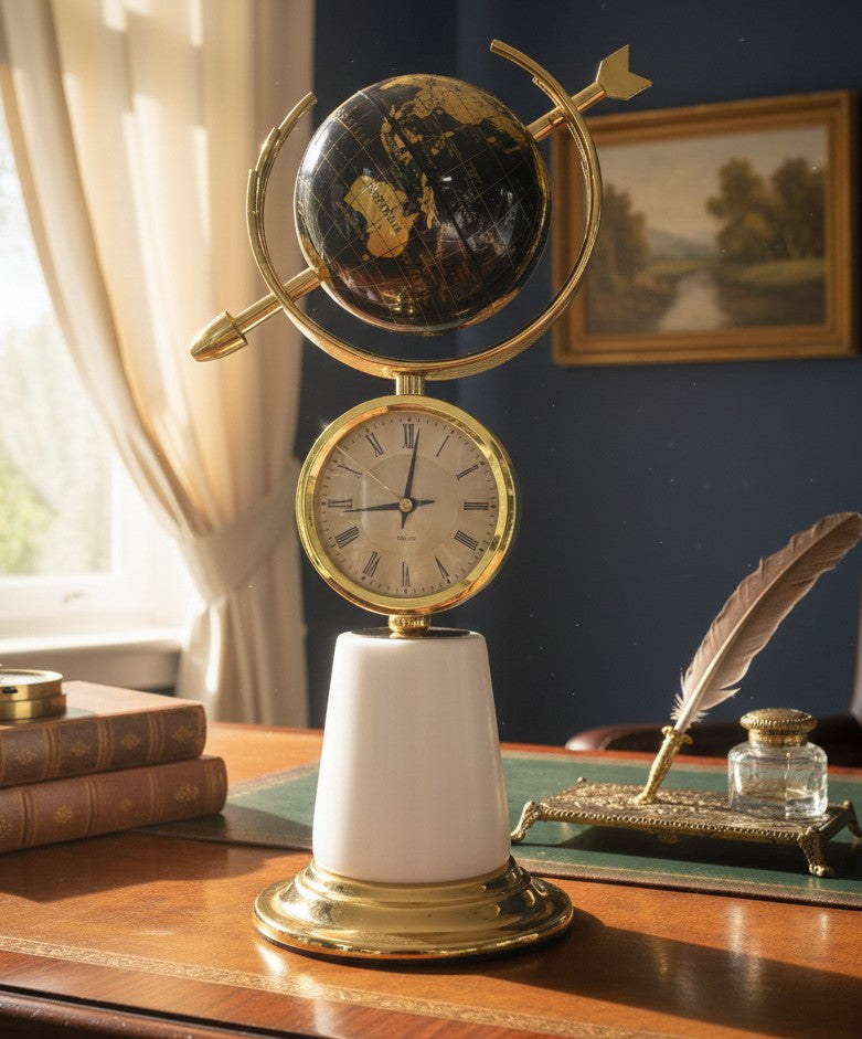 Antique Globe & Quartz Clock with Marble Base