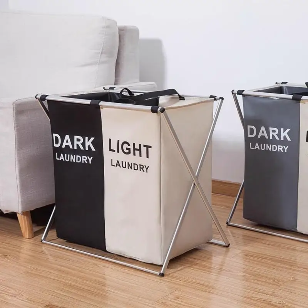 Foldable 2 compartment laundry basket for clothes sorting