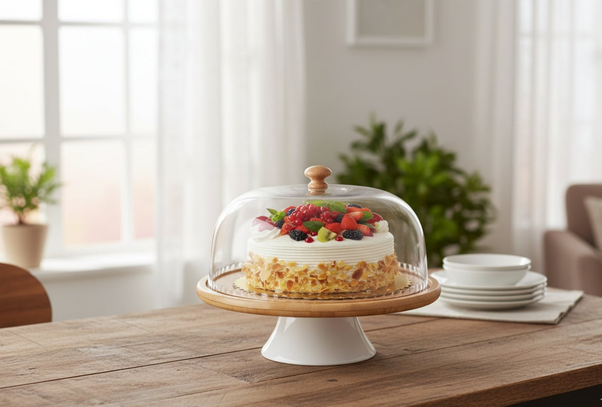Bamboo Base Cake And Fruit Stand With Acrylic Dome