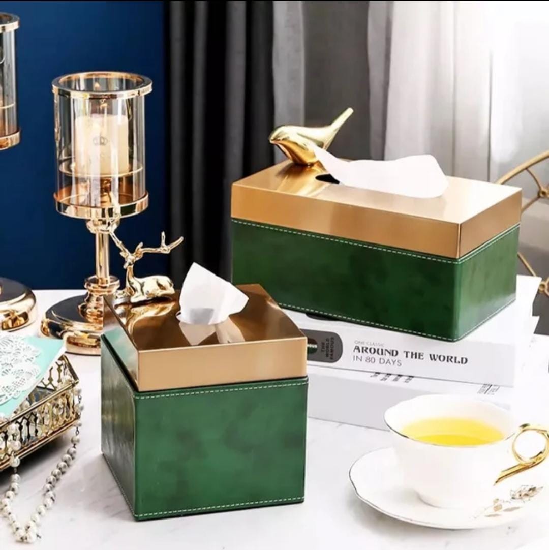 Green PU Leather Tissue Box with Metal Lid