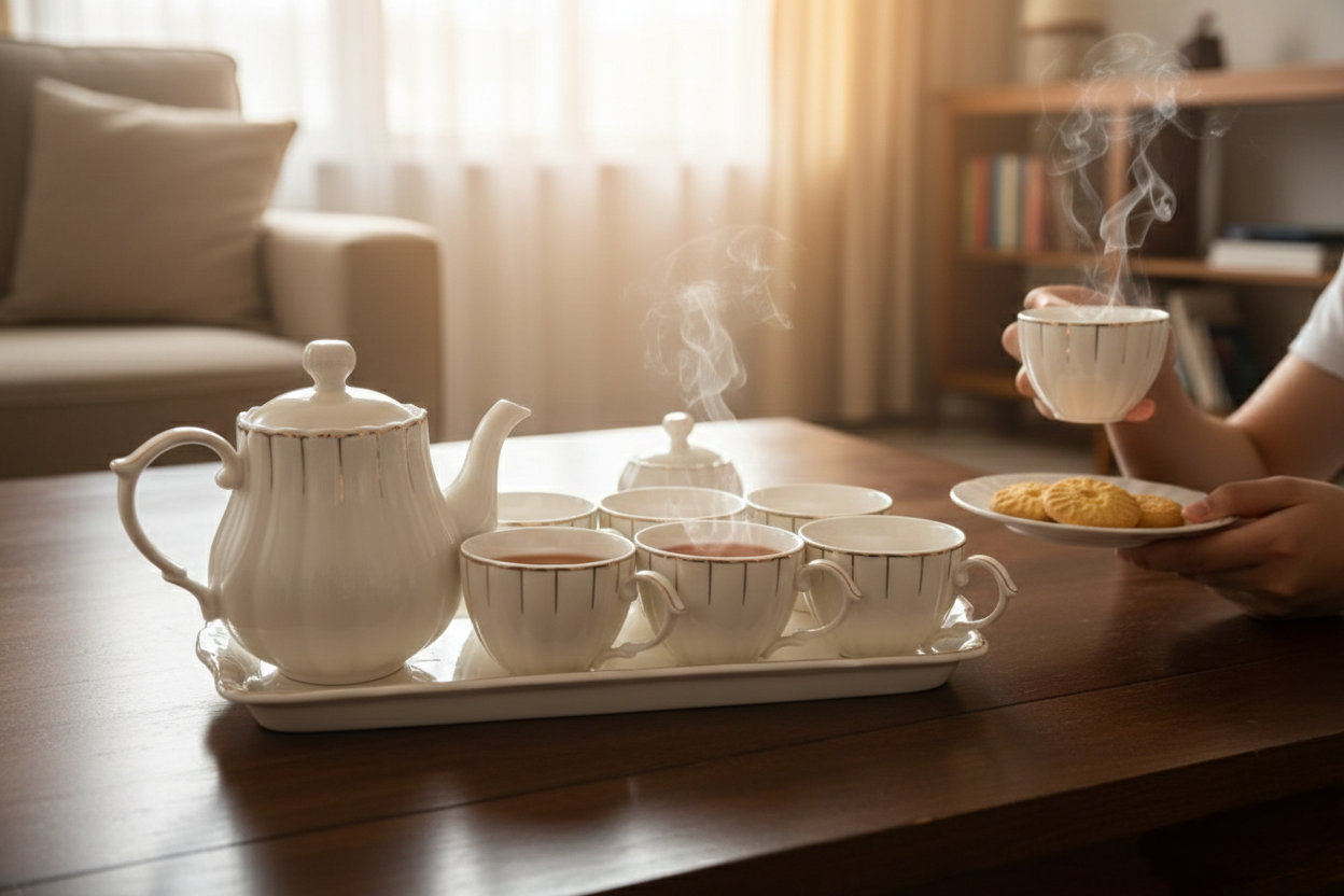 Ceramic Cup Set With Tray And Kettle – 6pcs