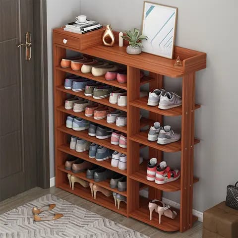 Multi-layer brown shoe rack with dustproof cover, large storage organizer 100 by 24 by 110 cm for home use.
