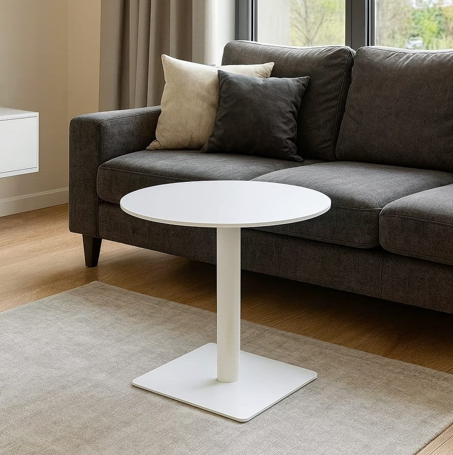 Round wooden top cocktail table with adjustable metallic stand, 80cm diameter.