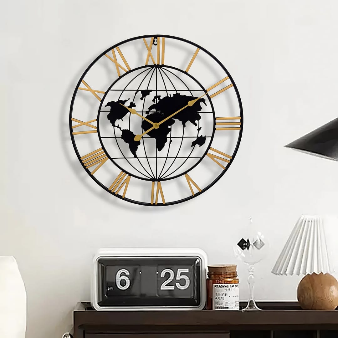 60cm Roman Numerals Metallic World Map Wall Clock