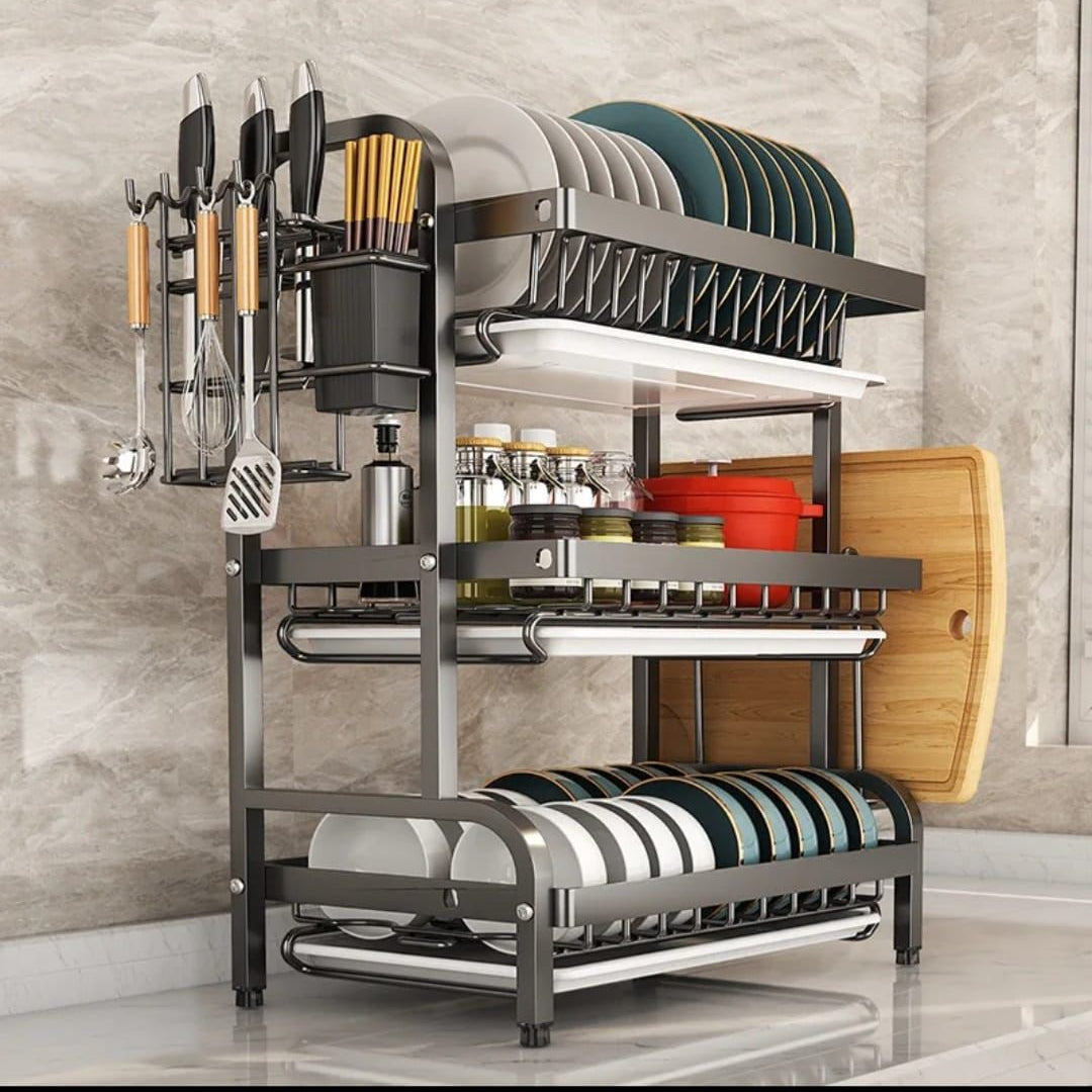 3 tier carbon steel dish rack for drying and organizing kitchen dishes and utensils. 🍽️