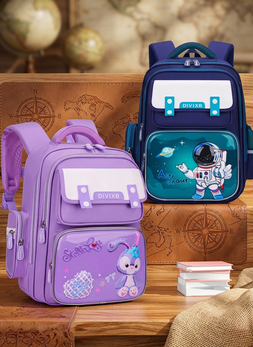 Orthopedic children school backpack with spine support in blue, green, and purple for comfortable daily use