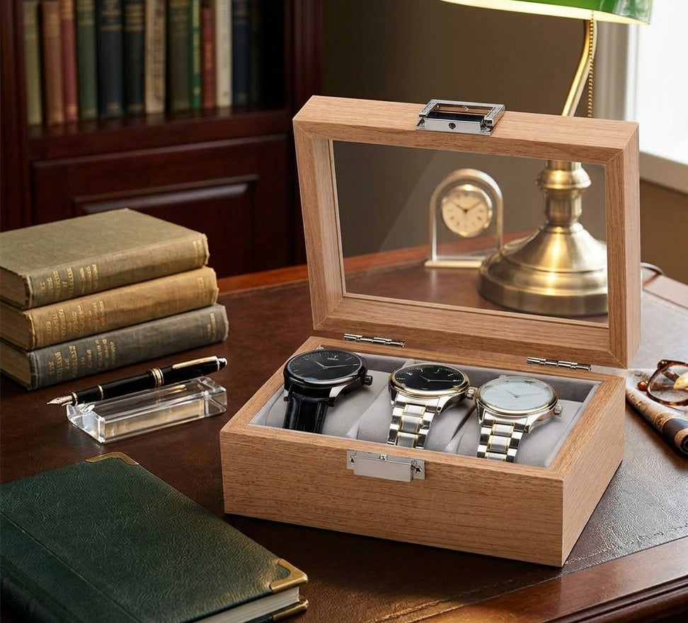 3-Slot Wooden Watch Organizer with Glass Top