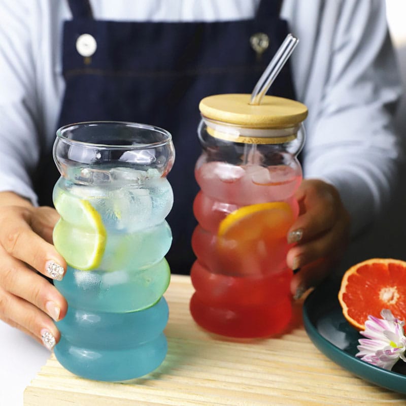 6Pcs Borosilicate Ripple Wave Glass Cup With Bamboo Lid