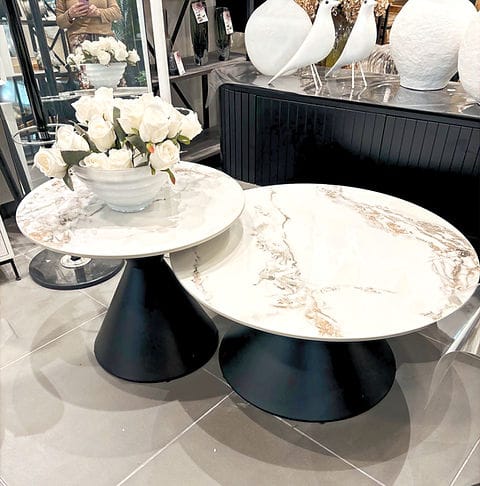 Nesting coffee tables with black metal base for modern space saving living room furniture