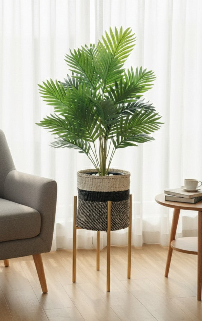 Artificial Palm Tree with Woven Basket, Metallic Stand, and Pebbles
