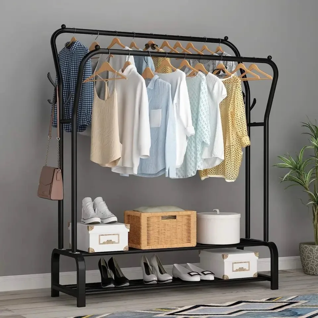 Curved Double Clothes Rack with 2 Bottom Shelves