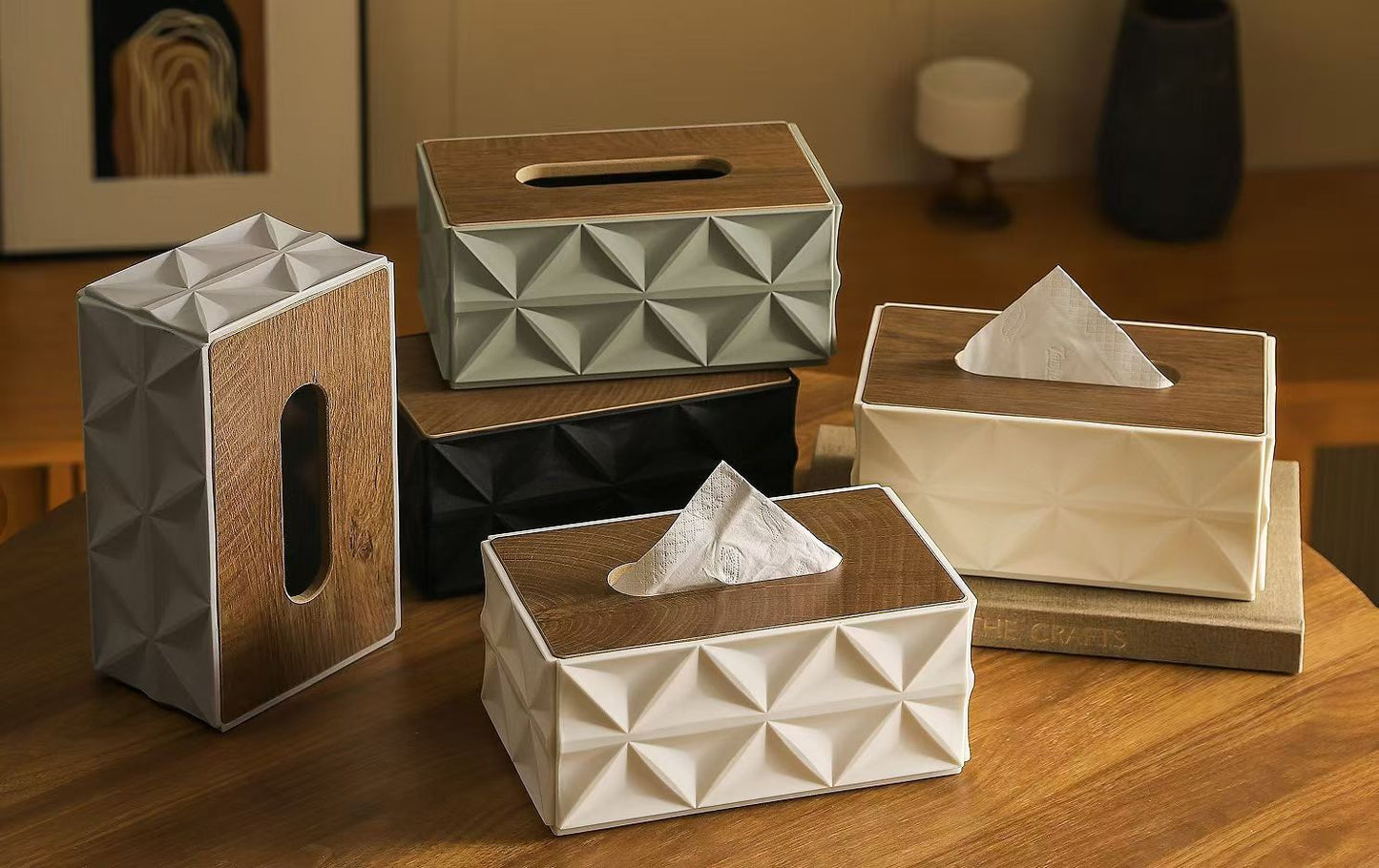 Geometric tissue box holder with wood finish top in multiple colors