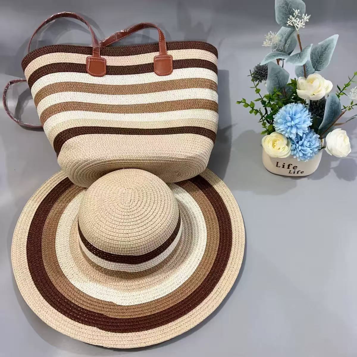 Summer straw woven beach bag and matching hat set with chic plaid straw and leather design. ☀️👜👒