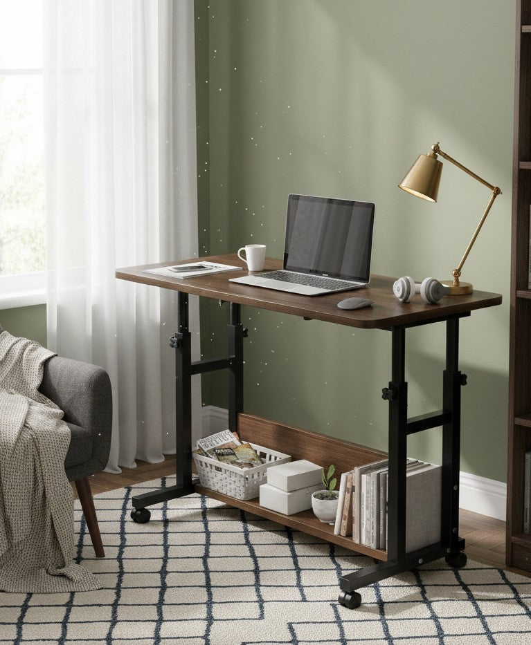 Adjustable standing desk with wheels in brown finish, mobile rolling laptop stand with height adjustment