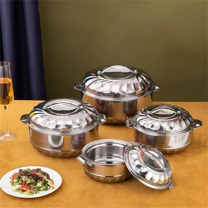 Set of four stainless steel insulated hotpot casseroles for keeping food hot