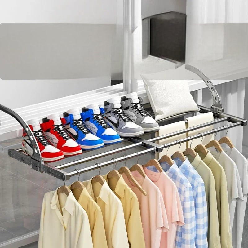 Foldable stainless steel clothes drying rack with adjustable stretch length