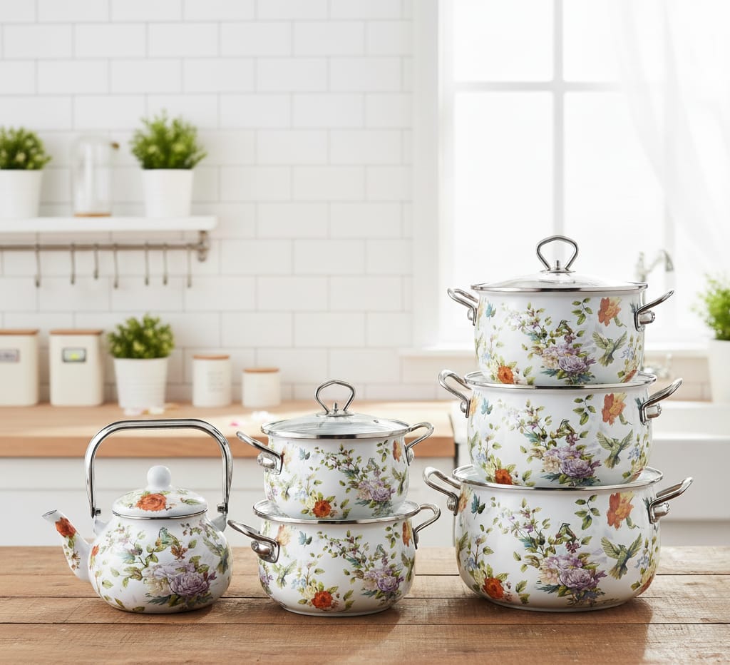 Enamel cookware set with casseroles and matching kettle in glossy finish