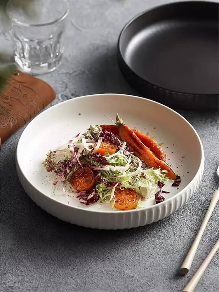 9-inch ribbed light grey pasta plate for dining and serving meals.