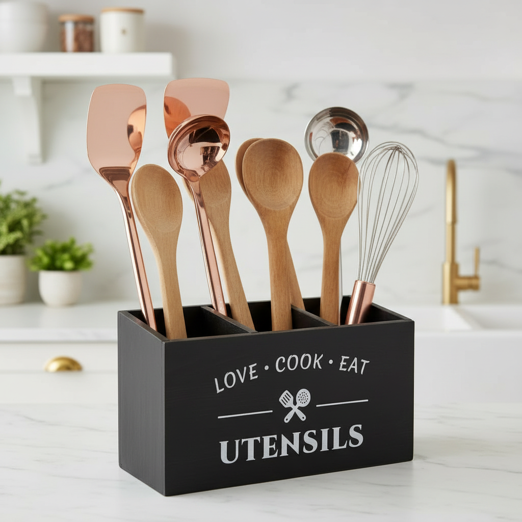 Rustic Wooden Cutlery & Utensils Organizer