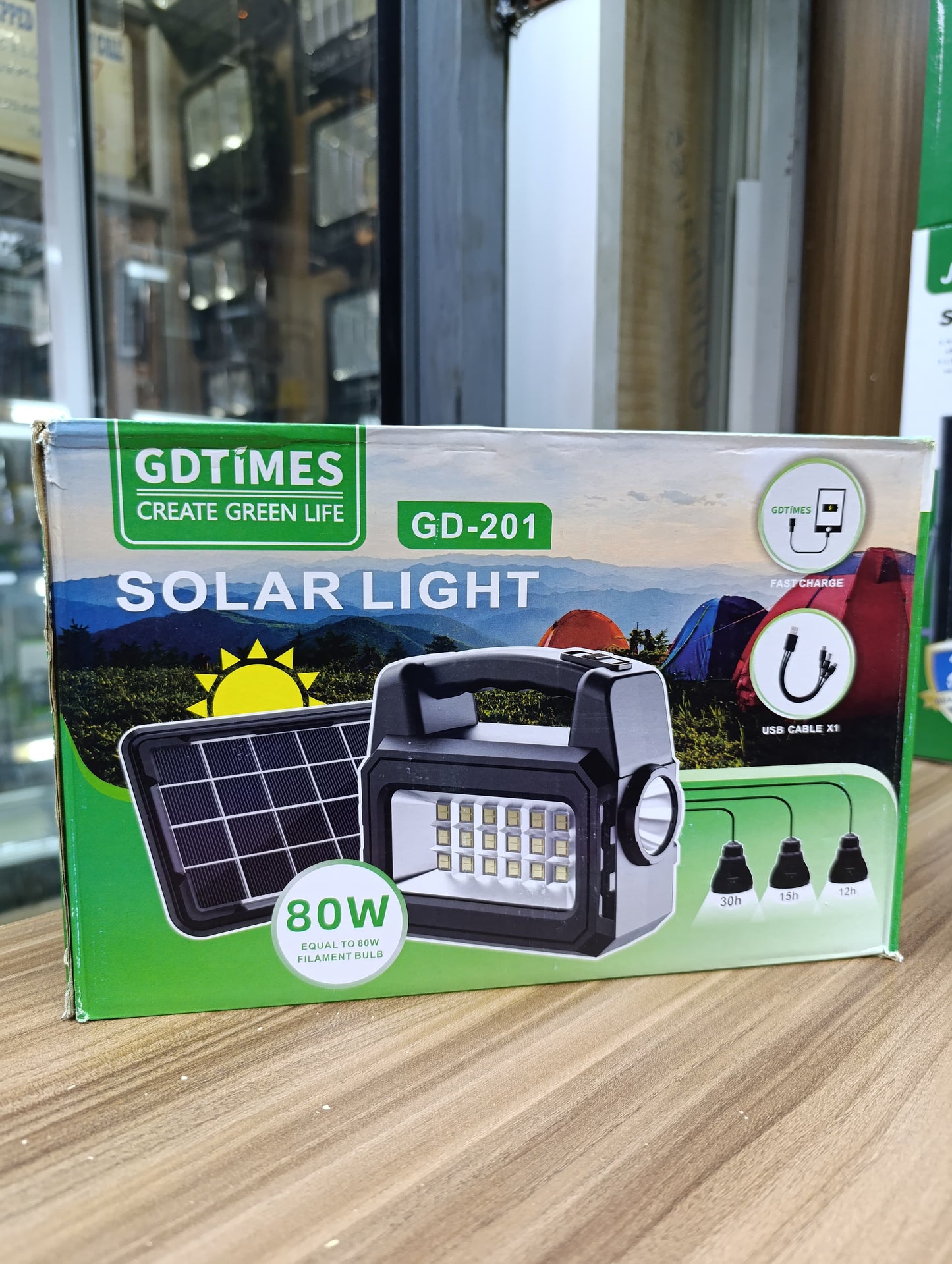 Solar lighting system with 3 LED bulbs and mobile charging port for home or outdoor use