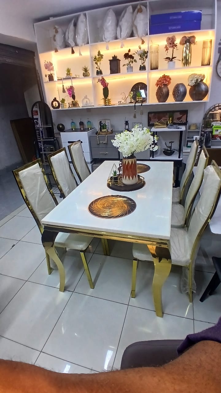 Six Seater Marble Dining Table with Microfiber Chairs