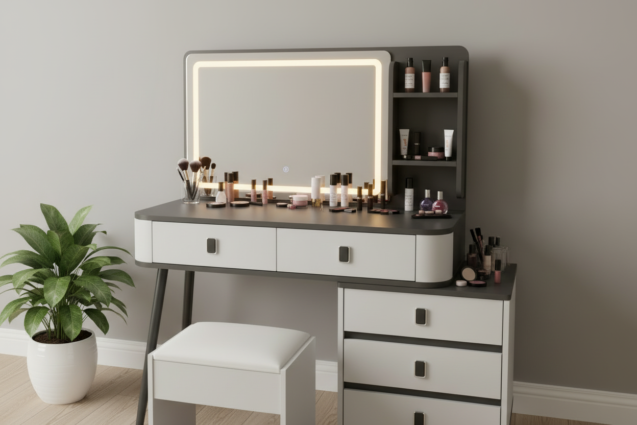 LED Dressing Table with Drawers, Shelves, and Stool