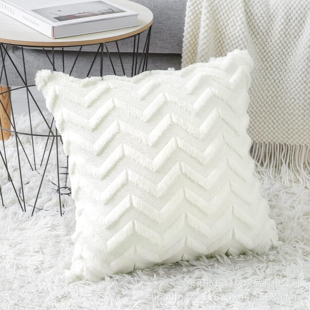 Rustic embroidered plush faux wool decorative throw pillow cover.