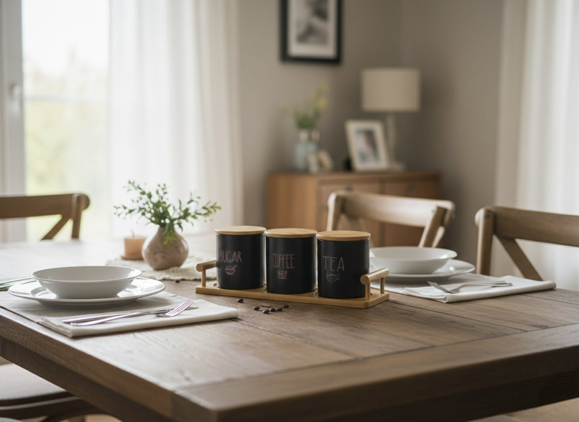 3 Piece Ceramic Canister Set With Bamboo Stand