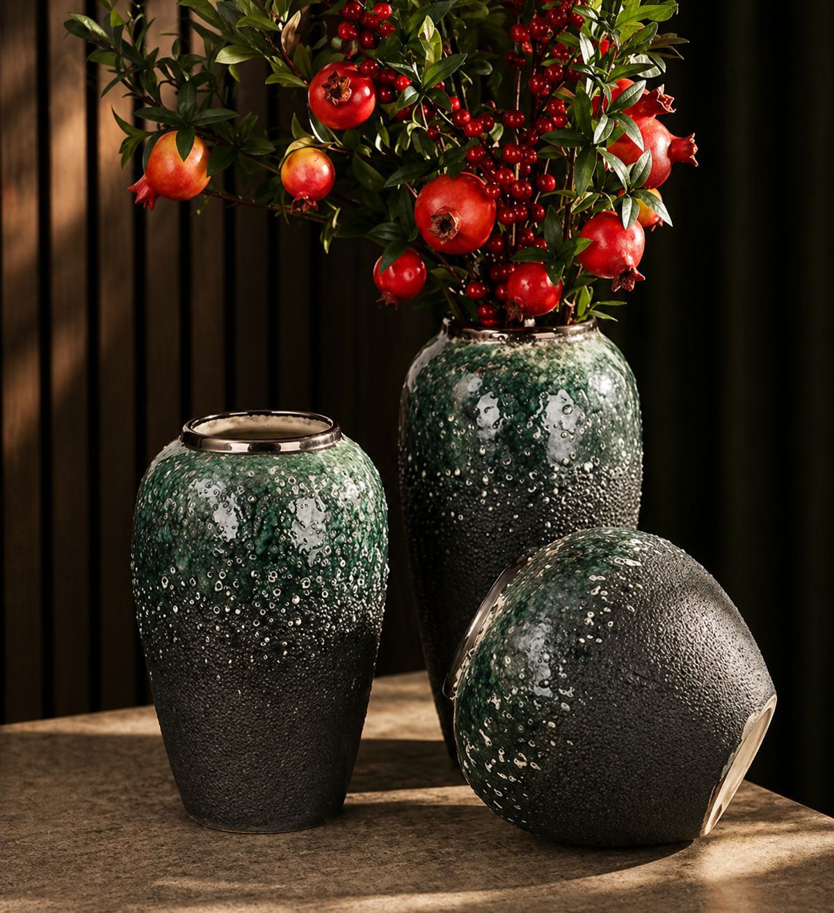 Dark green and gold accent decorative vase set with three modern luxury pieces for home décor