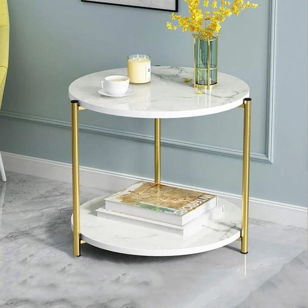 Marble textured side stool with glass top in a modern luxury design