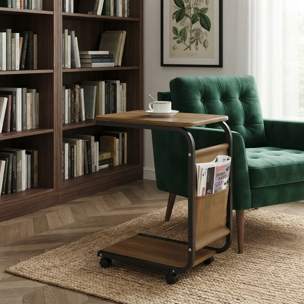 2 Tier Trolley Side Table with Storage Pocket