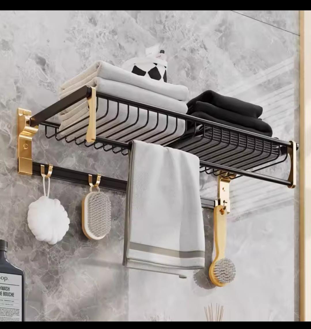 Matte black aluminum wall-mounted multifunctional towel rack with hooks and shelf for bathroom organization