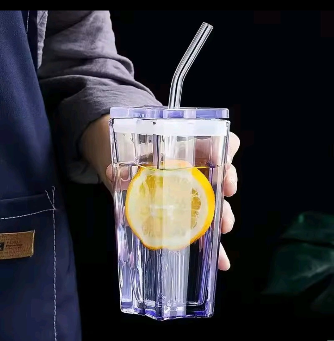 6Pcs Pentagonal Glass Tumbler With Straw