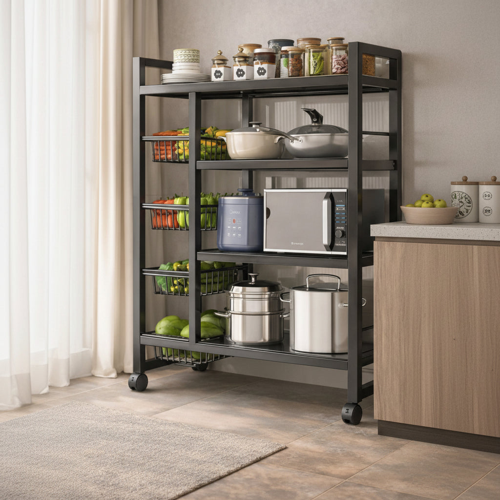 Large multi purpose kitchen organizer with wheels 108x92x32cm, storage rack for appliances and groceries.