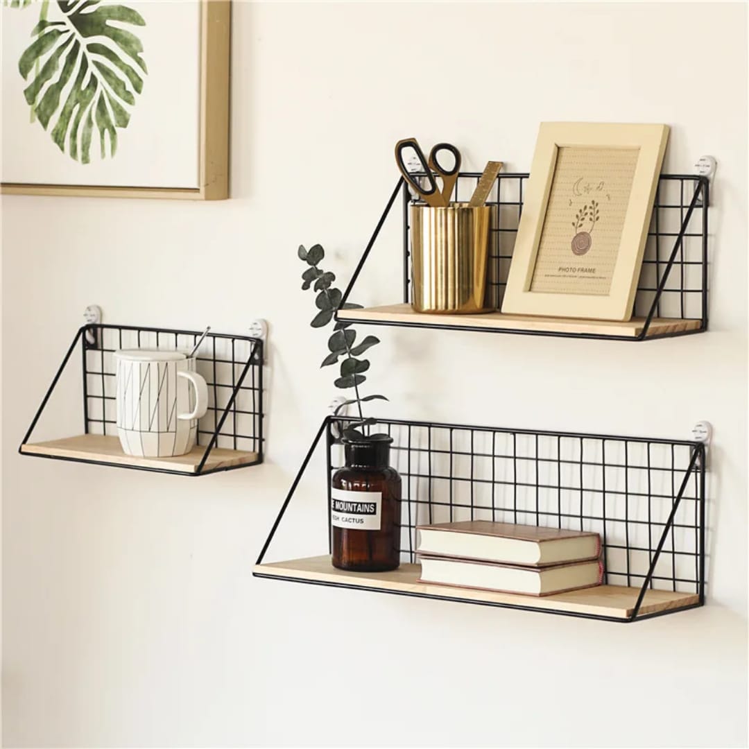 Wood storage display shelf with metal basket wall grid organizer for bathroom or home storage and décor